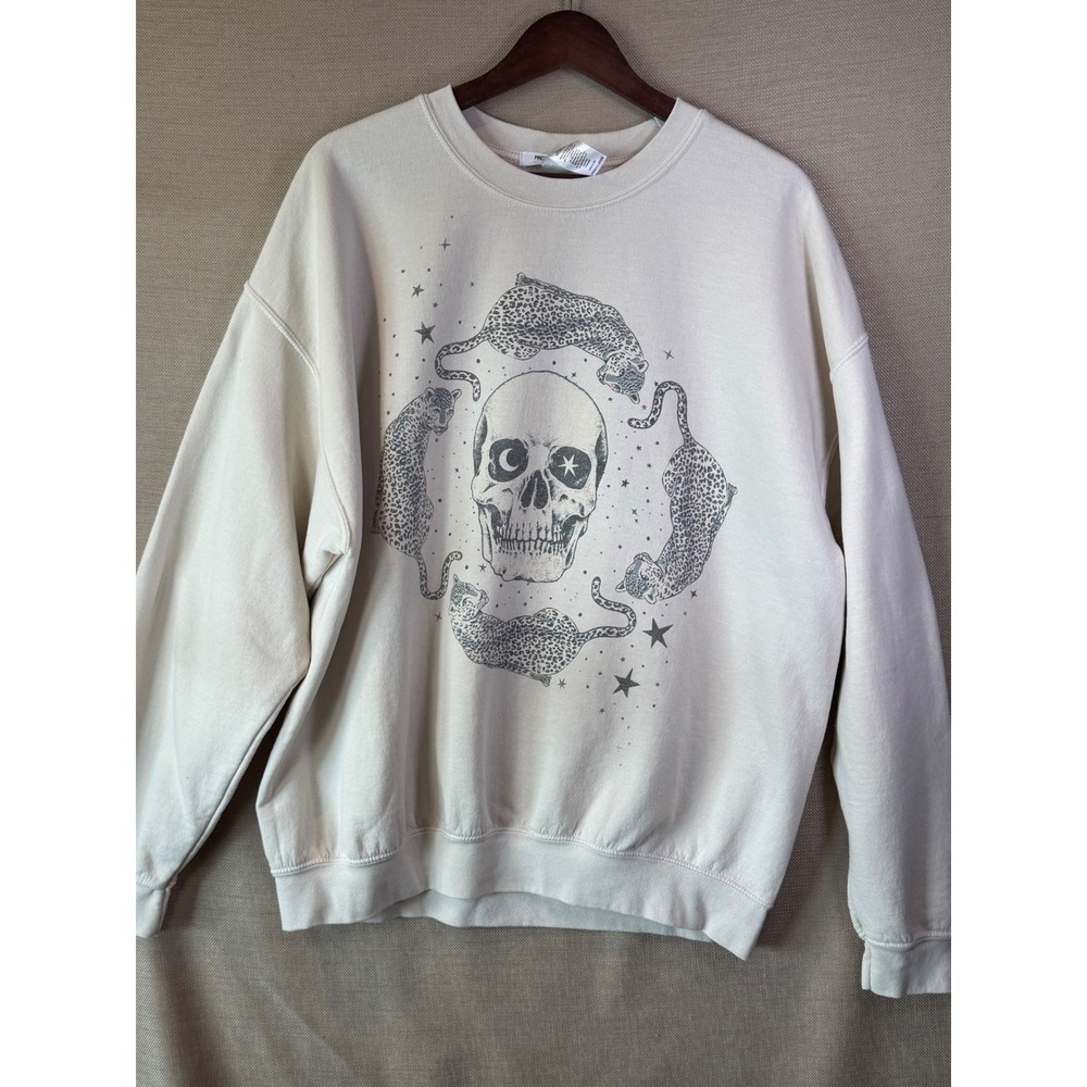 Project Social T Sweatshirt Women L/XL Cream Skull Leopard Celestial Graphic